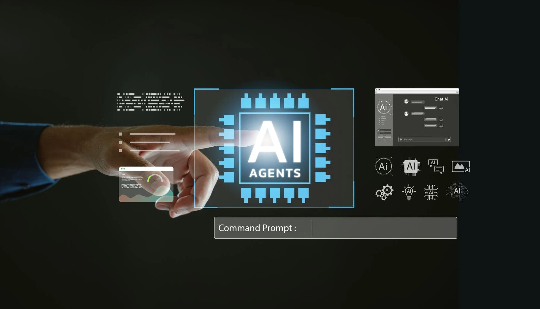 A hand pointing toward a futuristic digital interface with a central chip labeled "AI AGENTS," surrounded by icons for chat, automation, and command prompts, illustrating how intelligent sales agents revolutionize digital engagement.